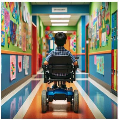 Boy in power wheelchair in school hallway